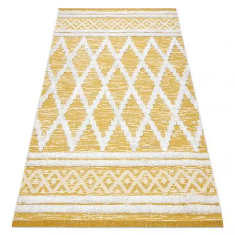Tappeto ECO SIZAL BOHO MOROC Diamants 22297 franges - due livelli di pile giallo / crema, tappeto in cotone riciclato