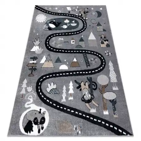 Tappeto FUN Route per bambini, strada, animali grigio