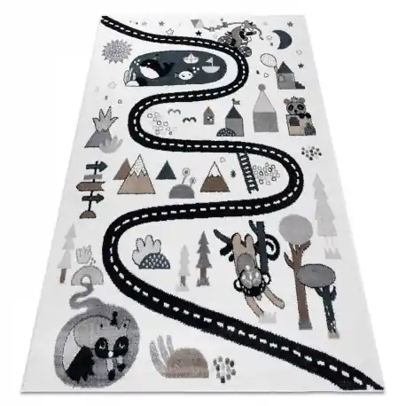 Tappeto FUN Route per bambini, strada, animali crema