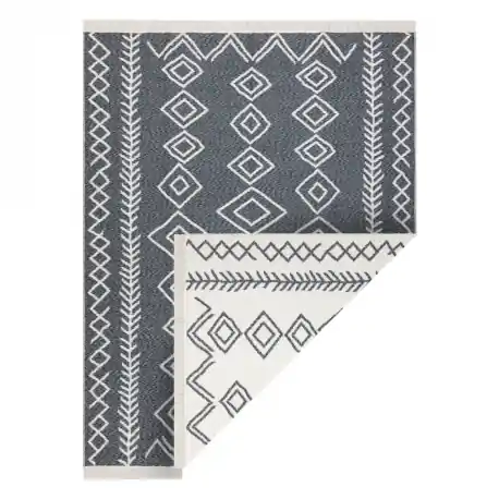 Tappeto TWIN 23000 Boho, cotone, bifacciale, rombi Frange ecologiche - antracite / crema