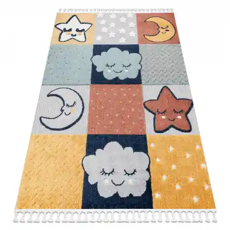 Tappeto YOYO GD52 grigio / giallo - Stelle, nuvole, patchwork per bambini, strutturali, sensoriali Frange