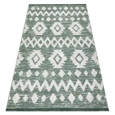 Tappeto ECO SIZAL BOHO MOROC Etno Zigzag 22319 frange - due livelli di pile verde / crema, tappeto in cotone riciclato