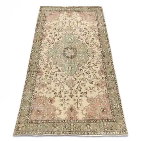 Tappeto in lana ANNODATO A MANO Vintage 10534, ornamento, fiori - beige / verde