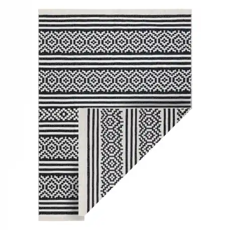 Tappeto TWIN 22996 geometrica, strisce cotone, bifacciale, Frange ecologiche - nero / crema