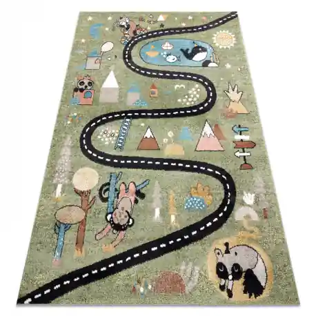 Tappeto FUN Route per bambini, strada, animali verde
