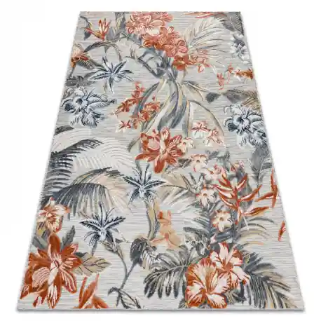Tappeto strutturale BOTANIC 65262 fiori, tessuto piatto sul balcone, terrazzo - grigio