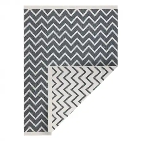 Tappeto TWIN 23002 ZigZag, cotone, bifacciale, Frange ecologiche - antracite / crema
