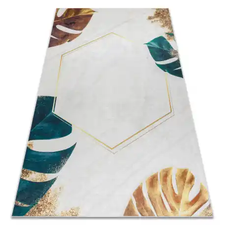 Tappeto lavabile ANDRE 1150 Foglie Monstera, cubo antiscivolo - bianca / oro