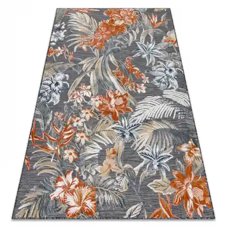 Tappeto strutturale BOTANIC 65262 fiori, tessuto piatto sul balcone, terrazzo - nero