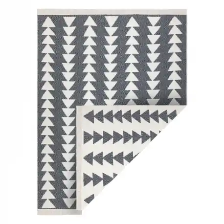 Tappeto TWIN 22994 geometrica, triangoli cotone, bifacciale, Frange ecologiche - antracite / crema