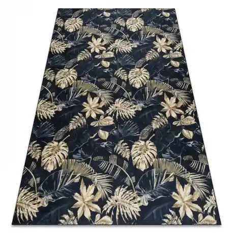 Tappeto lavabile ANDRE 1311 Foglie Monstera antiscivolo - nero / oro